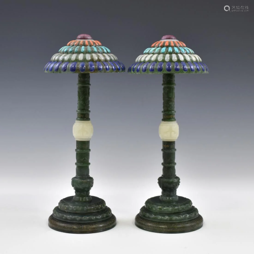 PAIR GREEN JADE & STONES INLAID HAT STANDS