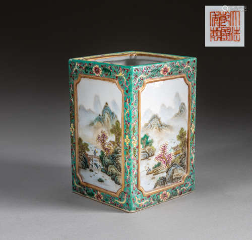 19th Kuangxu Chinese Antique Famille-Verte Enamel Porcelain Brushpot