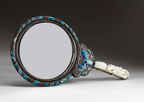 19th Chinese Antique Enameled Silver Jade Hand Mirror