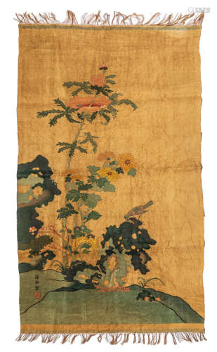 Chinese Antique Kesi Silk Painting Chrysanthemum, Ching