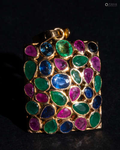 Sapphire Ruby by Emerald Pin 14K Yellow Gold Pendant