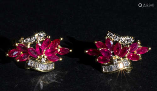 Pair Ruby Diamond 14K Yellow Gold Earrings