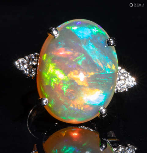 Large Opal Diamond 14K White Gold Ring