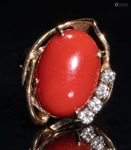Red Coral Diamond 14K Yellow Gold Ring