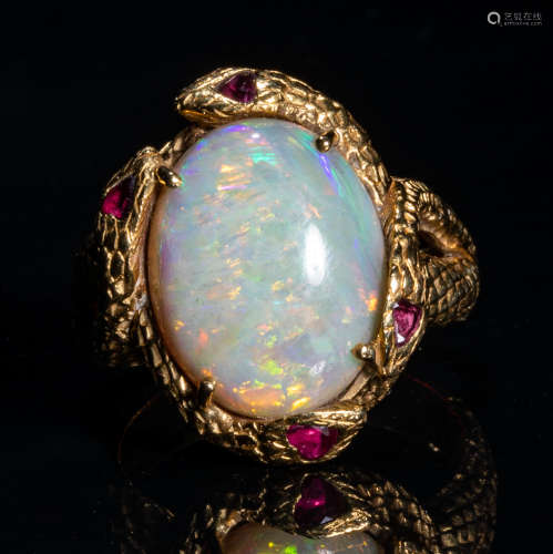 Large Australia Opal Ruby 18K Yellow Gold Ring