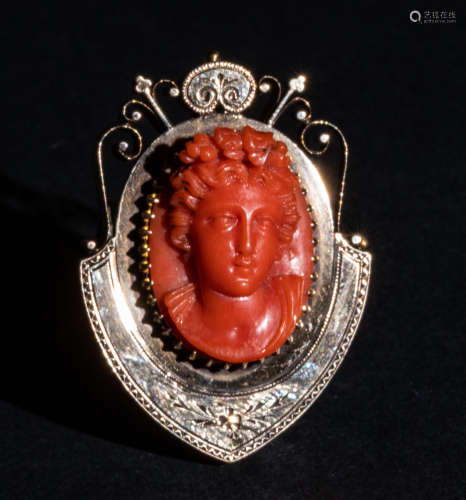 Antique Carved Coral Gold Pin