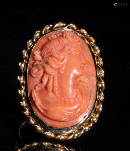 Pink Coral Cameo 14K Yellow Gold Ring
