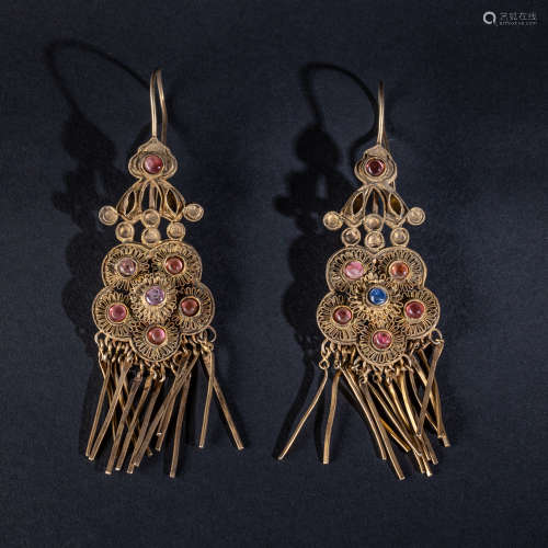 Pair 19th Chinese Antique Sterling Silver Gilt Earrings