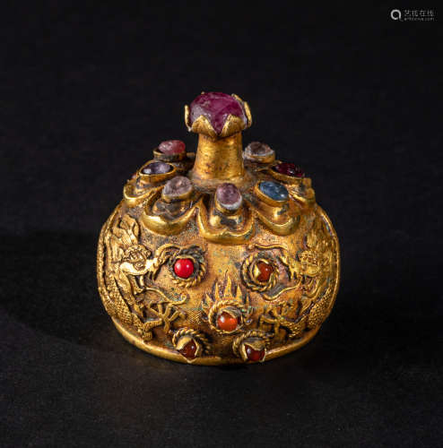 Chinese Antique Bronze Gilt Censer Cover, Yuan or Later