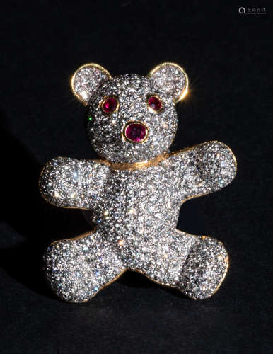 Ruby Diamond 18K Yellow Gold Bear Pin