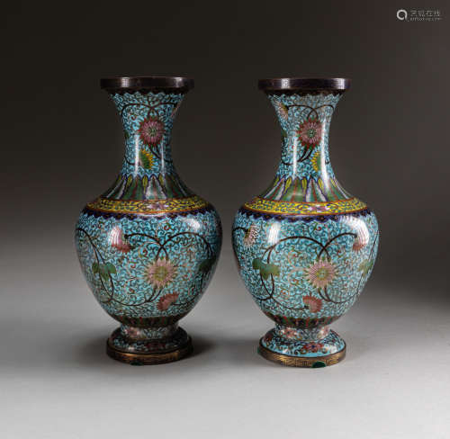 Pair 18th Qianlong Period Chinese Antique Cloisonné Vases