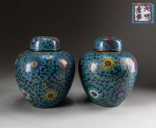 Pair Jingtai Mark Chinese Antique Cloisonne Jars