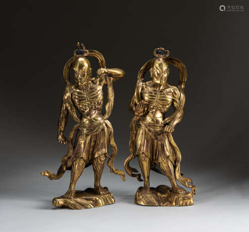 Pair Tang Style Chinese Antique Gilt Bronze Figures