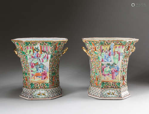 Pair 19th Chinese Antique Canton Rose Famille Porcelain Pots