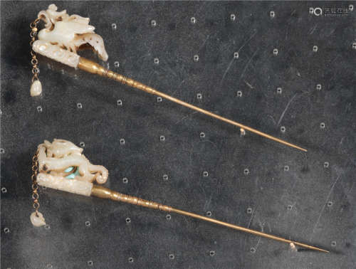Pair of Jade Inlaid Gold Hairpin Song Dynasty