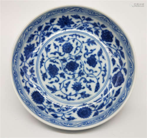 A Blue and White Lotus Scrolls Dish Qianlong Period