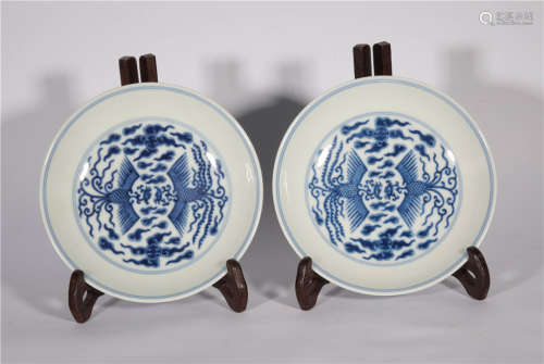 Pair Blue and White Phoenix Chargers Guangxi Period