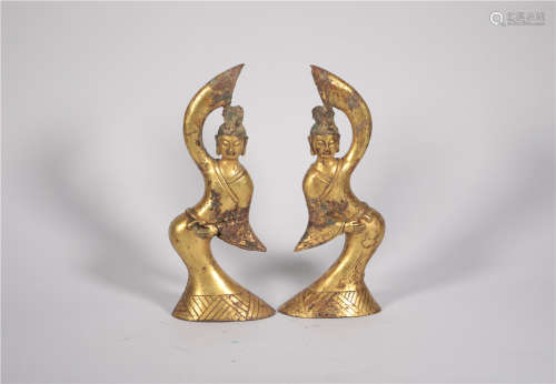 Pair Bronze Gilt Dancers Tang Dynasty