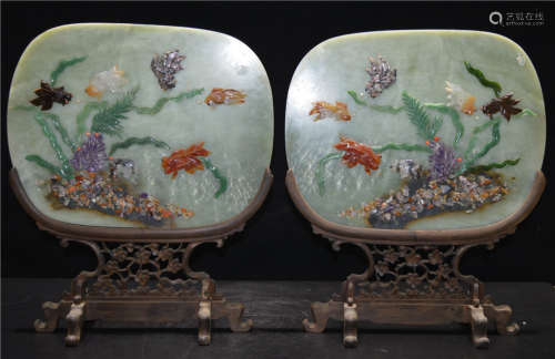 Pair Hard-stones Inlaid Table Screens Qianlong Period
