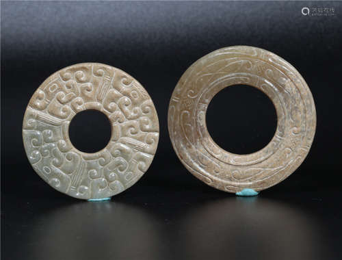 Two Carved Jade Bi