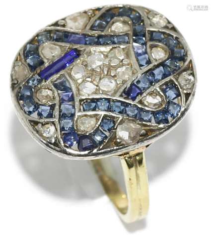 Anillo lanzadera, estilo Art Decó, con diamantes de talla antigua y zafiros