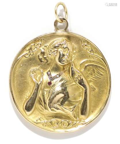 Medalla de oro amarillo de 18k, con diamantes y un rubí, ca.1920