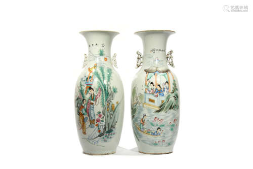 Pareja jarrones de cerámica esmaltada, familia verde, China, s.XIX