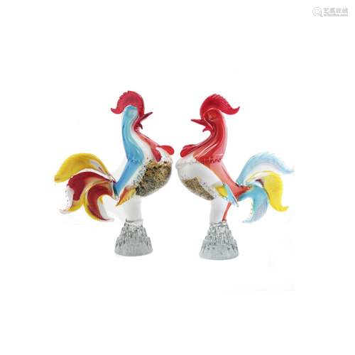 Pareja de gallos de cristal de Murano, s.XX