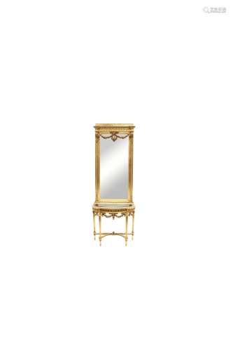 Consola y espejo de estilo Luis XVI de madera tallada y dorada, ffs.s.XIX