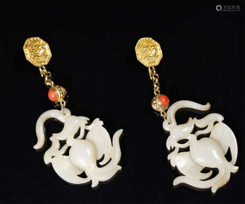 Pair Of Gilt Silver With Coral And Hetian Jade Erarings