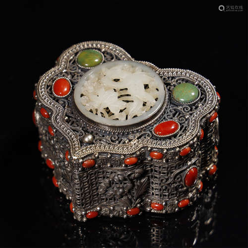 Silver Inlaid Jade And Coral Powder Box