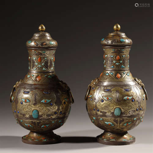 A Pair Of Silver Vase Inlaid Gemstones