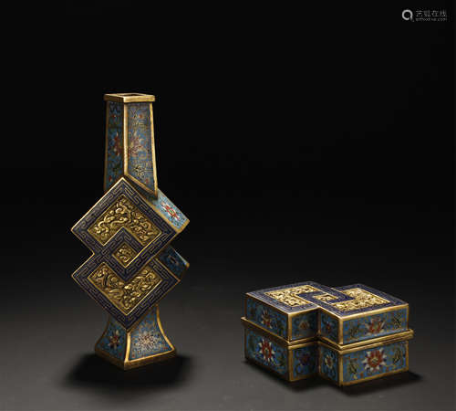 Cloisonne Romboid Vase And Box