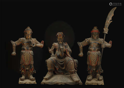 Ming Dynasty, Three Pieces Of  Wood Carved Kuan Gong Statue