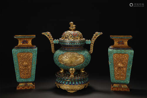 Three Pieces Of Gilt Bronze Inlaid Turquoise