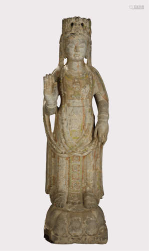 Ming Dynasty, Stone Carved And Painted Kuan Yin Statue