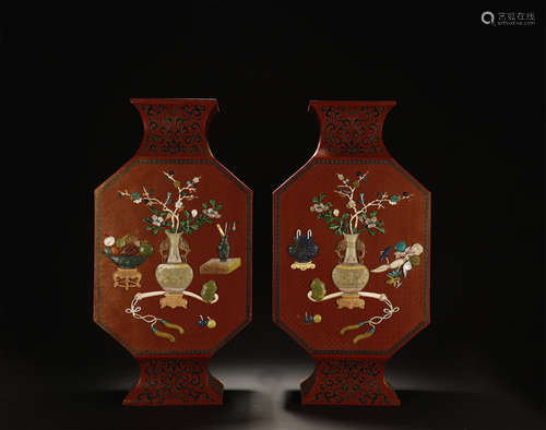 Old Collection Pair Of Lacque Vase Inlaid Gemstones