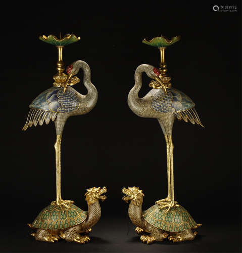 Pair Of Cloisonne Crane On The Turtle Candles