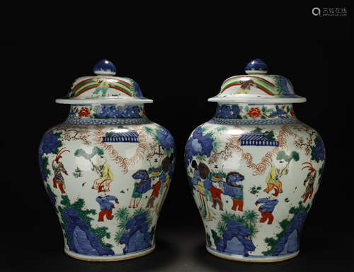 Qing Dynasty,  Pair Of  Wucai General Jars