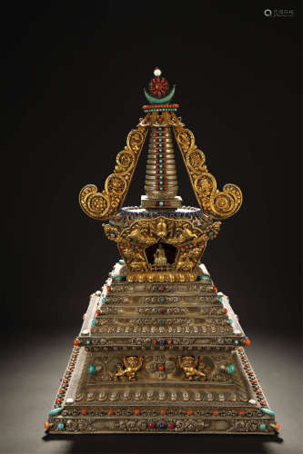 Qing Dynasty, Gilt Silver Tibethian Stupa