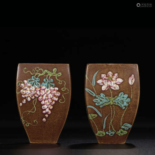 Qing, Pair Of Brown Glazed And Famille Rose Flower Pots