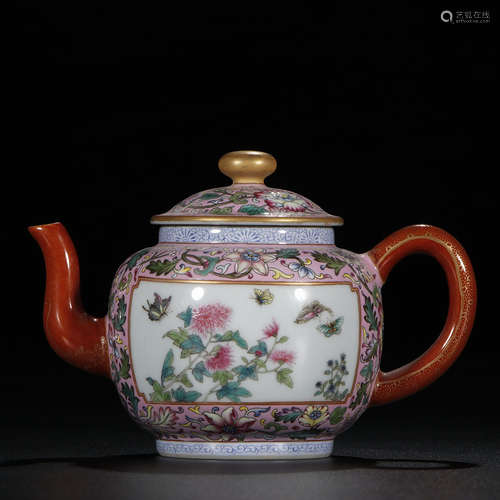 Famille Rose With Outline Of Gold Flower And Butterfly Teapot