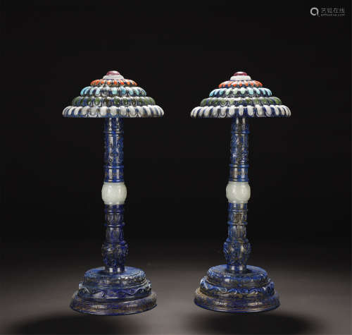 Qing, Pair Of Lapis Lazuli Inlaid Gemstones Officer Hat Rack