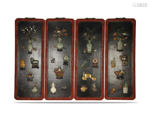 Old Collection Four Pieces Of Lacquer Inlaid Gemstems Hang Screen