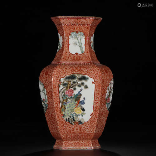 Enamel Iron-Red With Outline Of Gold Hexagon Vase