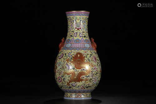 Famille Rose And Yellow-Ground Lotus Vase