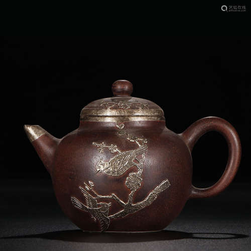 Stoneware Teapot Inlaid Silver Bird And Flower, Celebrity Mark