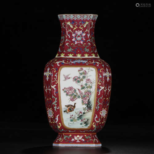 Enamel And Red Glazed Octagonal Vase