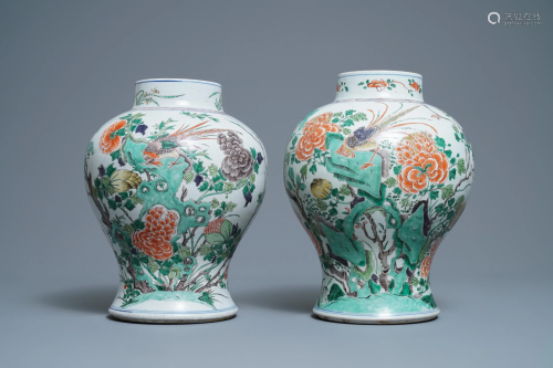 A pair of Chinese famille verte vases with birds …