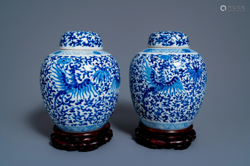 A pair of Chinese blue and white covered 'phoenix'